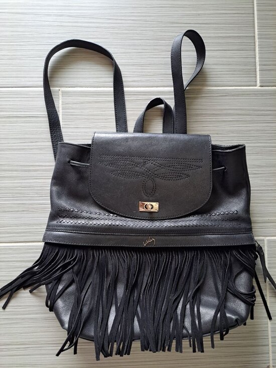 Valez Black Fringe Leather Backpack Embroidered Flap  Turn-Lock Closure Large main image 7